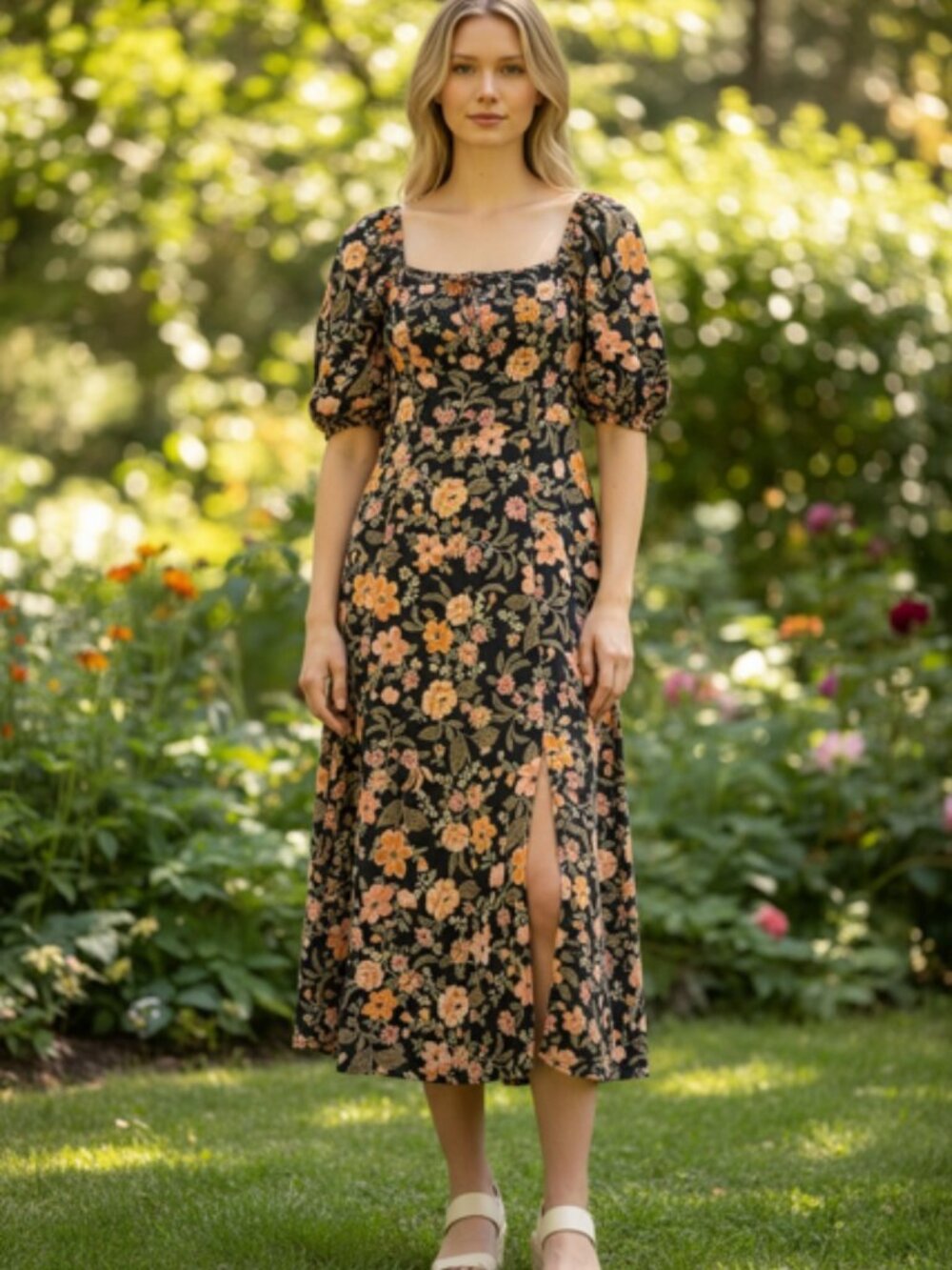 Old Navy Black Floral Sweetheart Puff Sleeve Midi Dress Front Slit Size S